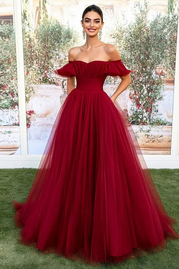 Burgunder Off the Shoulder Tyll A-linje lang ballkjole